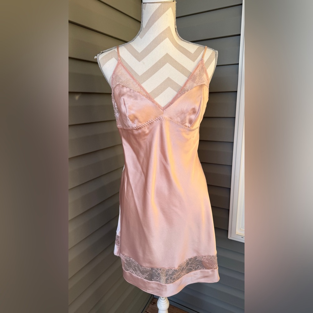 Victoria's Secret Sexy Lingerie Night Gown Pink Lace Solid Satin Sz L